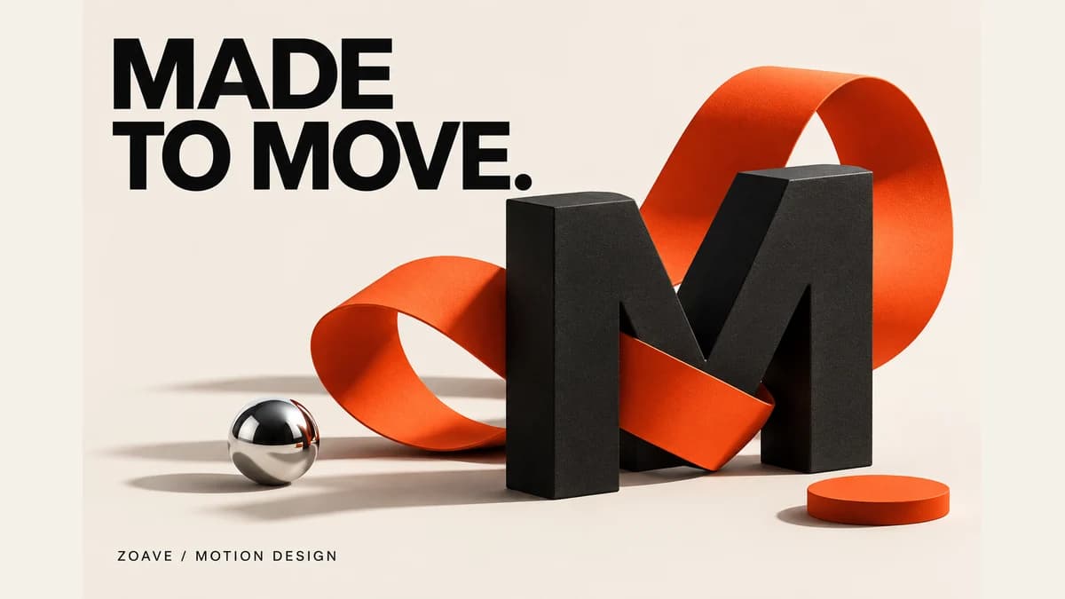 Made to Move — original Zoave motion-design cover with a sculptural black M and orange ribbon