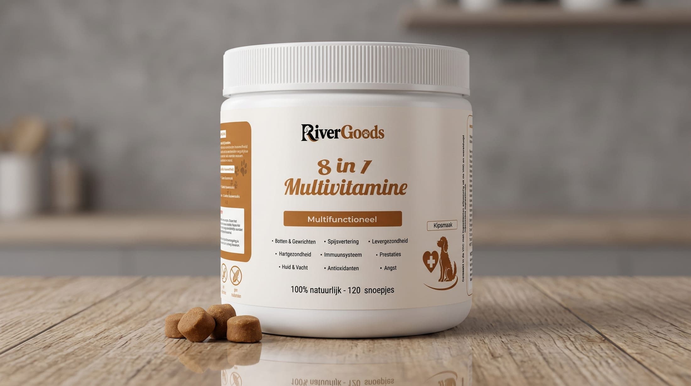 RiverGoods 8-in-1 multivitamin jar on a kitchen counter