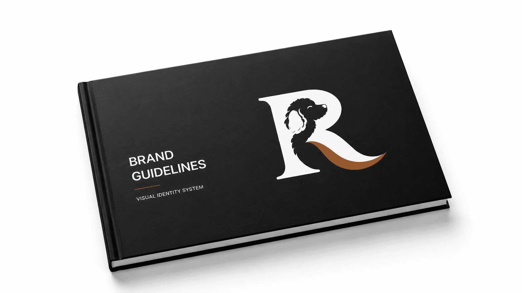 RiverGoods brand guidelines book — cover mockup with the icon mark embossed on black