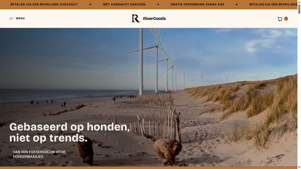 RiverGoods custom Shopify homepage with coastal photography, warm navigation and Dutch brand storytelling