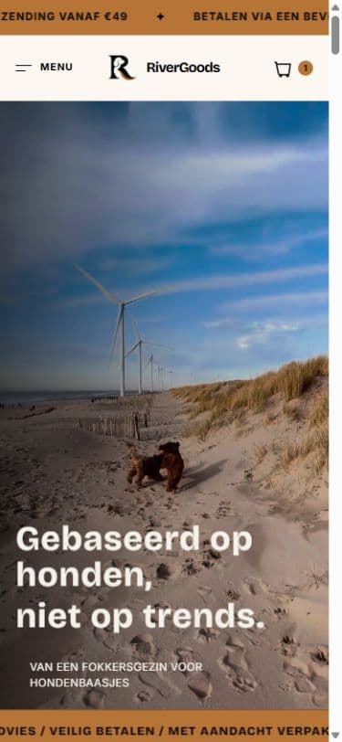 Actual RiverGoods mobile homepage with compact navigation and responsive coastal hero