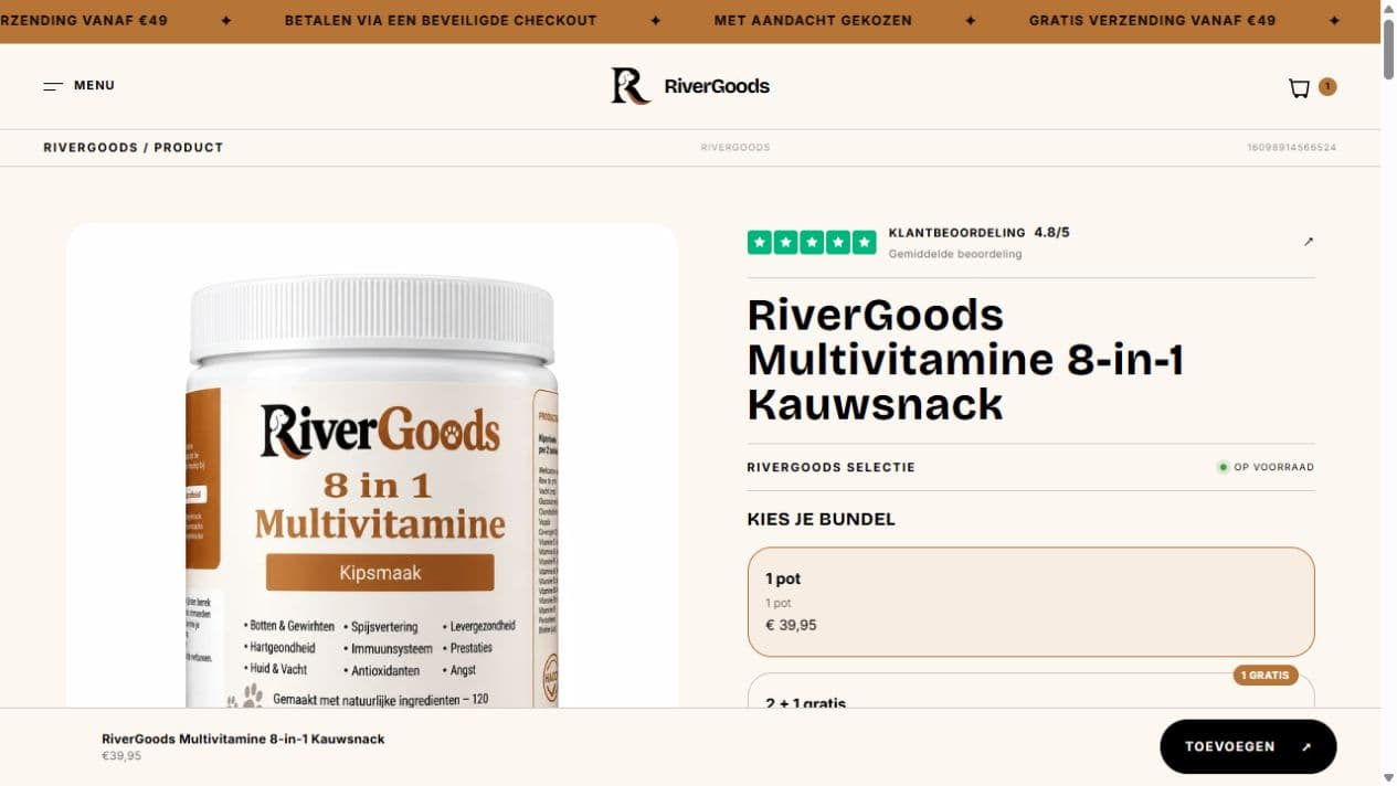 RiverGoods Shopify product page showing the multivitamin gallery, bundle choices and purchase information